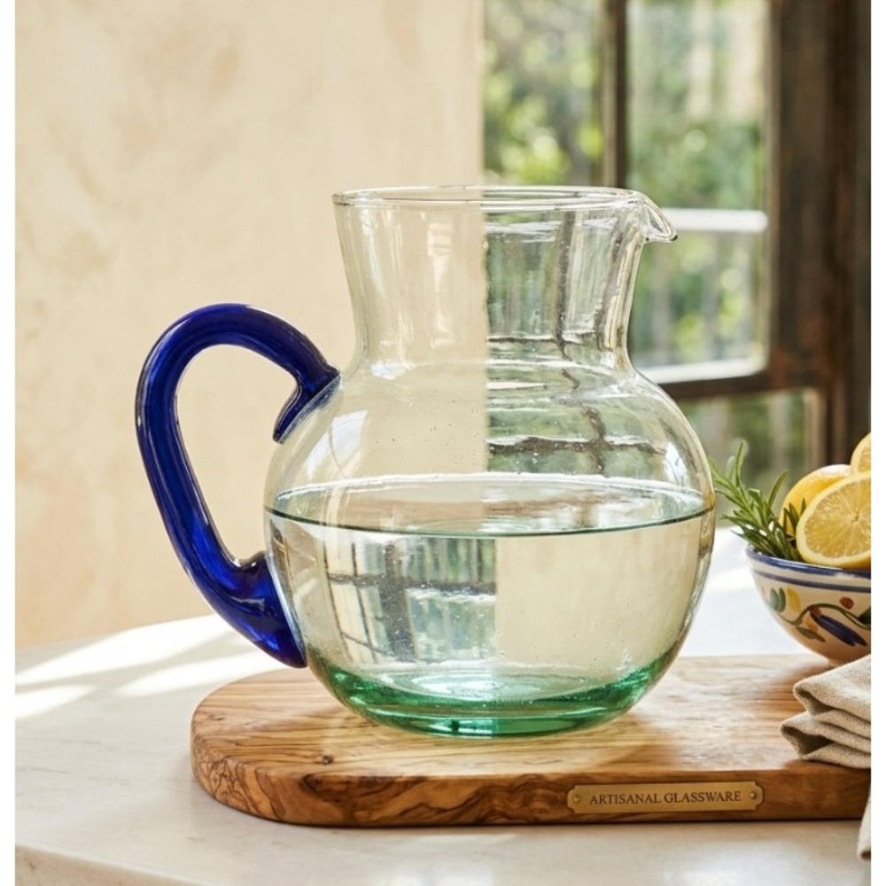 Artisanal Hand Blown Glass Pitcher Clear Green Base Cobalt Blue Handle